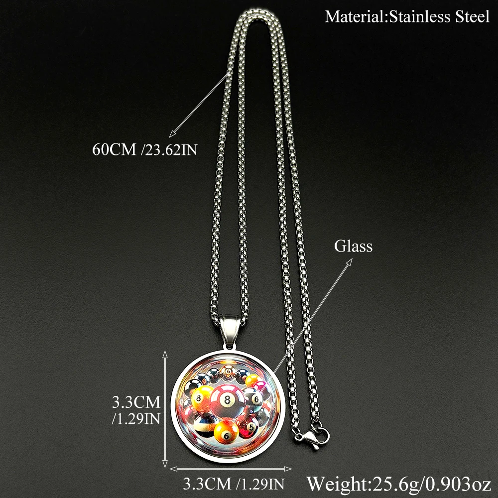 Hiphop Black 8 Billiards Kette für Damen und Herren, Edelstahl, Glas, Sportthema, Retro, Street Party, Halskette, Schmuck, Geschenke – Detail 3