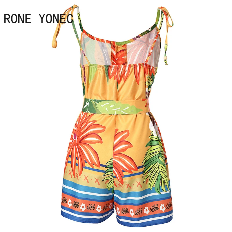 Women Casual Spaghetti Tape Strap Sleeveless All Over Print Pocket Sashes Bodycon Rompers