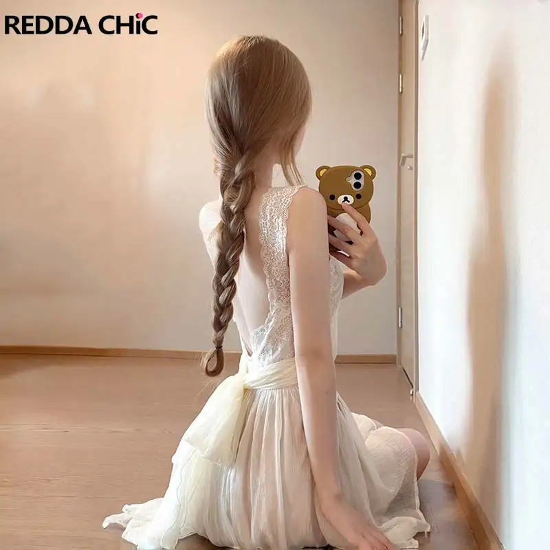 ReddaChic Hollow Out Lace Women Short Dress Vintage Shirring Backless Square Neck Bow Sleeveless Dress Coquette Summer Clothes