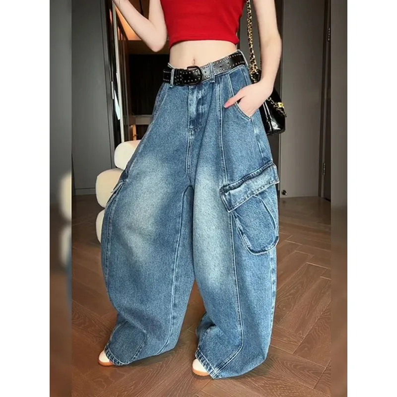 American Vintage High Waist Loose Cargo Pants Women Multi Pockets Wash Distressed Wide Leg Trousers Trendy High Quality Casual
