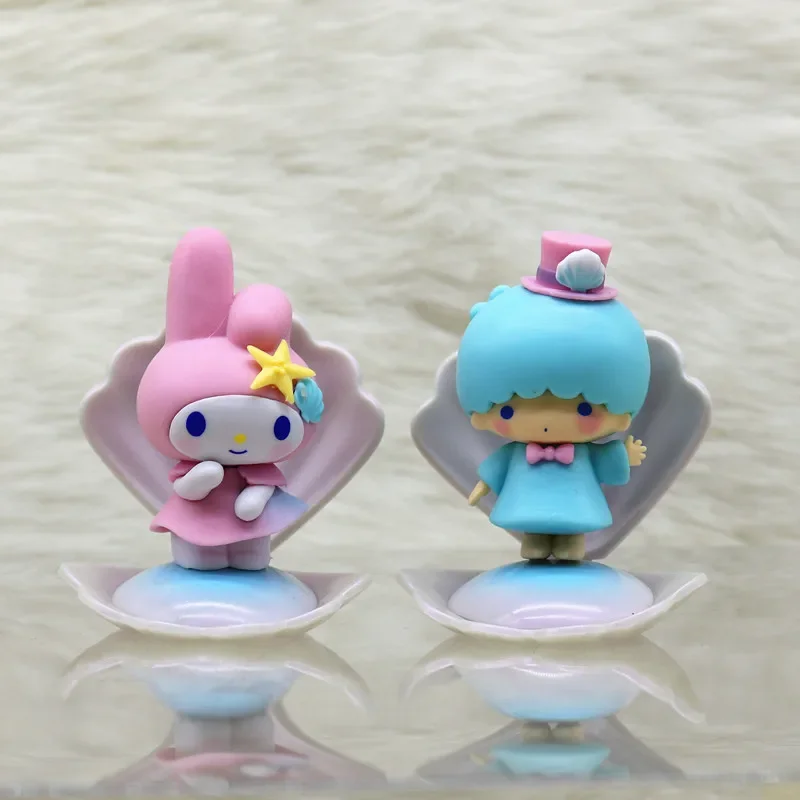 7pcs Sanrio Kuromi Doll Model Action Anime Figures Mymelody Blue Sea Holiday Shell Doll Model Esports Room Desktop Ornament Gift