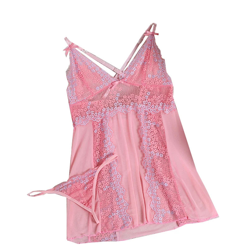 Transparent Small Print Pattern Deep V Sling Mini Dress Sexy Women's Lingerie Sleeping Skirt And Underpants Set Erotic Pajamas