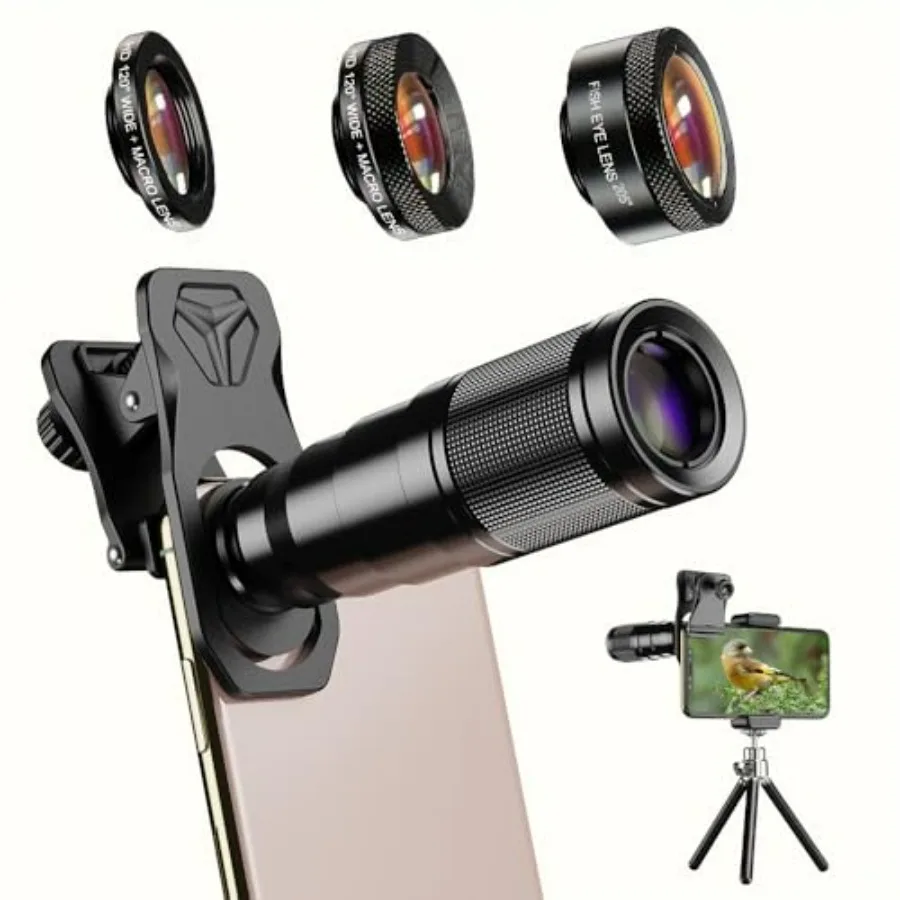 

APEXEL 6 in 1 Phone Lens Kit - 22x Telephoto 205 Fisheye 120 Wide Angle 25X Macro Lens Screwed Together for iPhone S Pixel