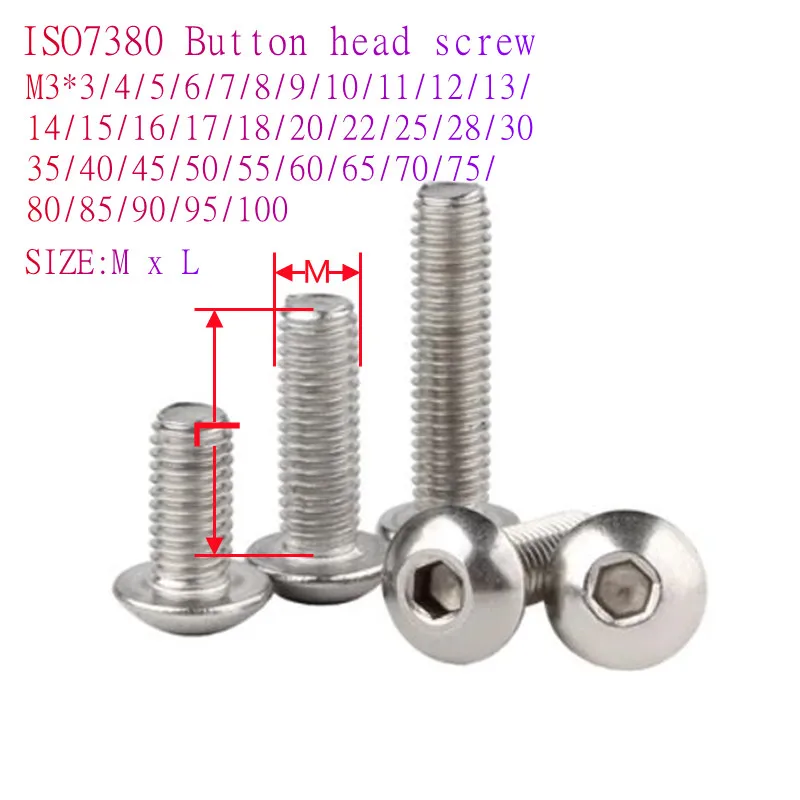 10-50pcs iso7380 M3*3/4/5/6/7/8/9/10/11/12/13mm to 80/85/90/95/100mm A2-70 Button Head Socket Screw Bolt SUS304 Stainless Steel