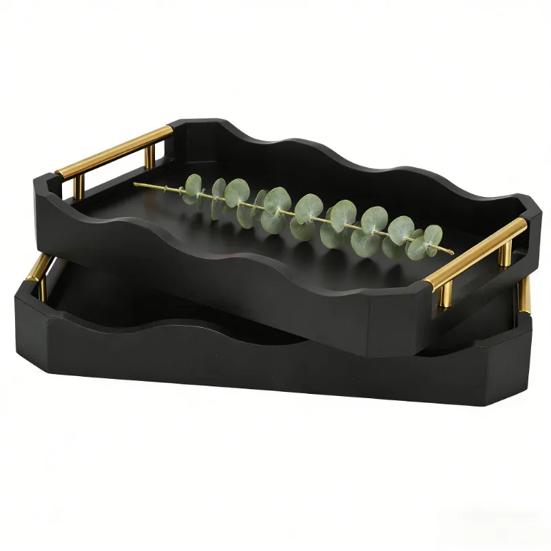 2 Pack Bamboo Serving Tray Set with Gold Metal Handles Decorative Coffee Table Ottoman Trays 14.5x9.8 & 15.75x11 Inches