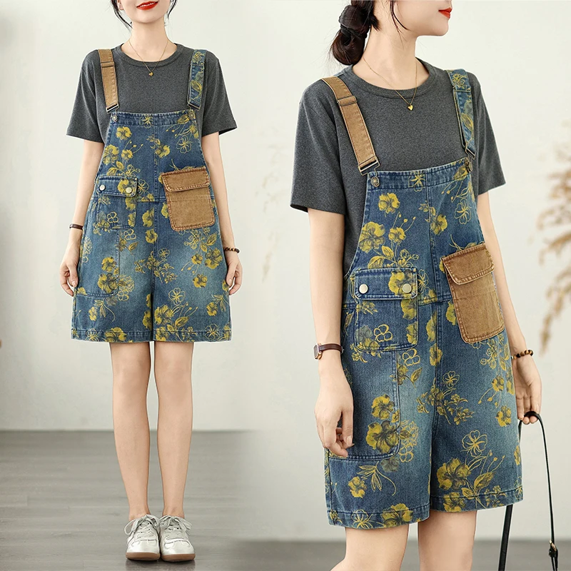 

Новый летний комбинезон для похудения большого размера Faion Color Blo ket Свободный повседневный джинсовый комбинезон orts Fourths Thin