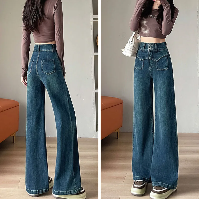 Women's High Waist Wide Leg Jeans Vintage Washed Double Button Pocket Detail Straight Denim Pants Chic Lady Y2K Streetwear 2026