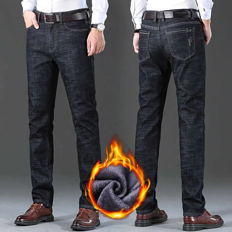 Jeans in pile classici dalla vestibilità regolare da uomo Pantaloni elasticizzati casual larghi alla moda da uomo Pantaloni caldi imbottiti in velluto di marca maschile