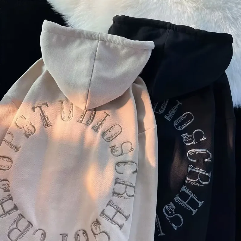 Korean Embroidery Letter Hoodies Women Spring Autumn Loose Hoodie Streetwear Oversized Zip Up Hooded Sweatshirt Y2k Clothes Kpop