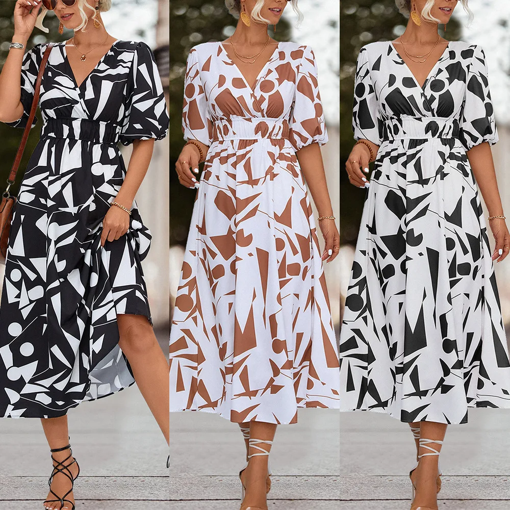 Women Geometric Patten Dress Cross Collar V-neck Dress Puff Sleeve Casual Street Elegant Dress Women High Waisted Dress