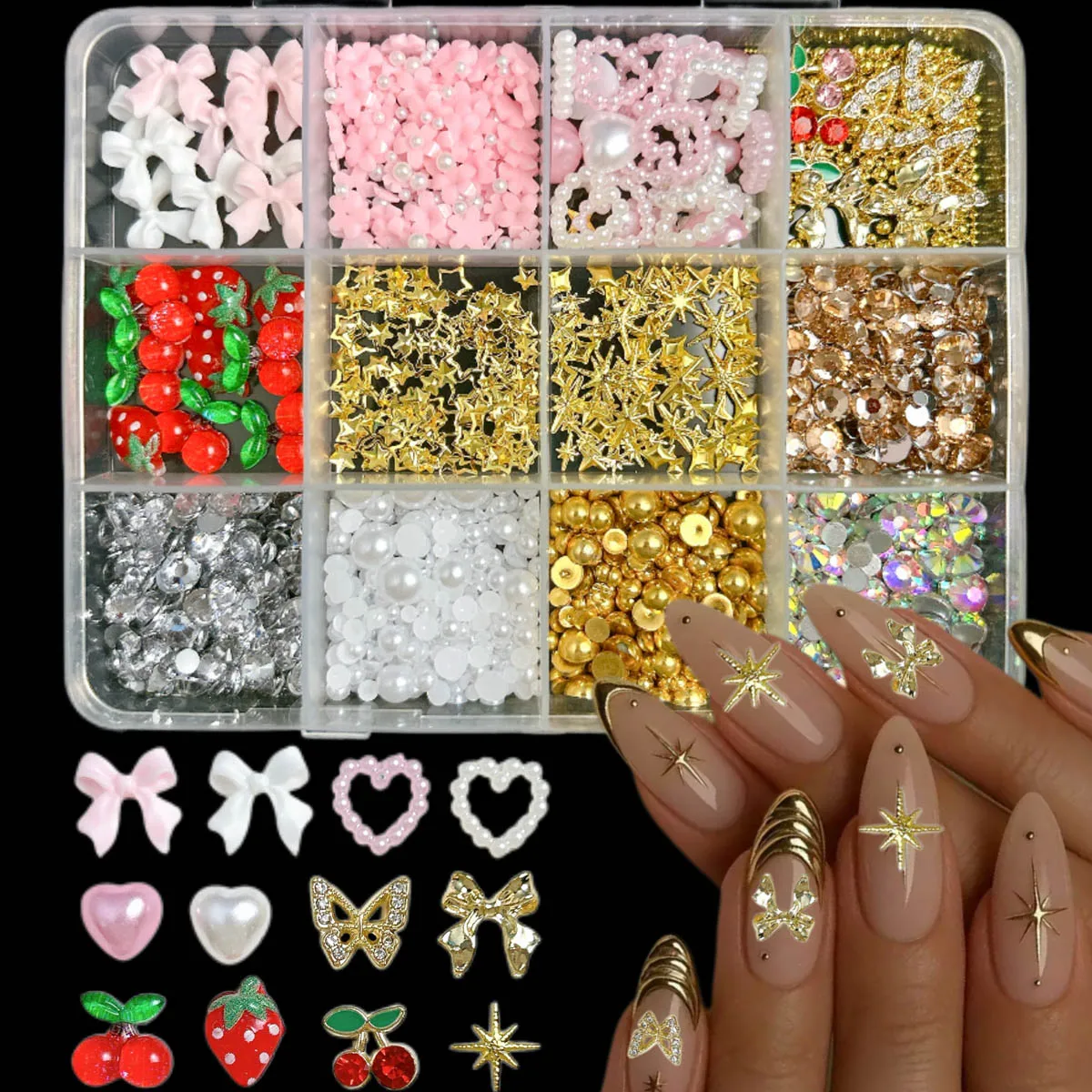 1 صندوق عشوائي مختلط سبيكة فراشة الكرز مسمار السحر شفافة القوس زهرة مقلد اللؤلؤ مختلط مسمار الفن زينة DIY الأظافر