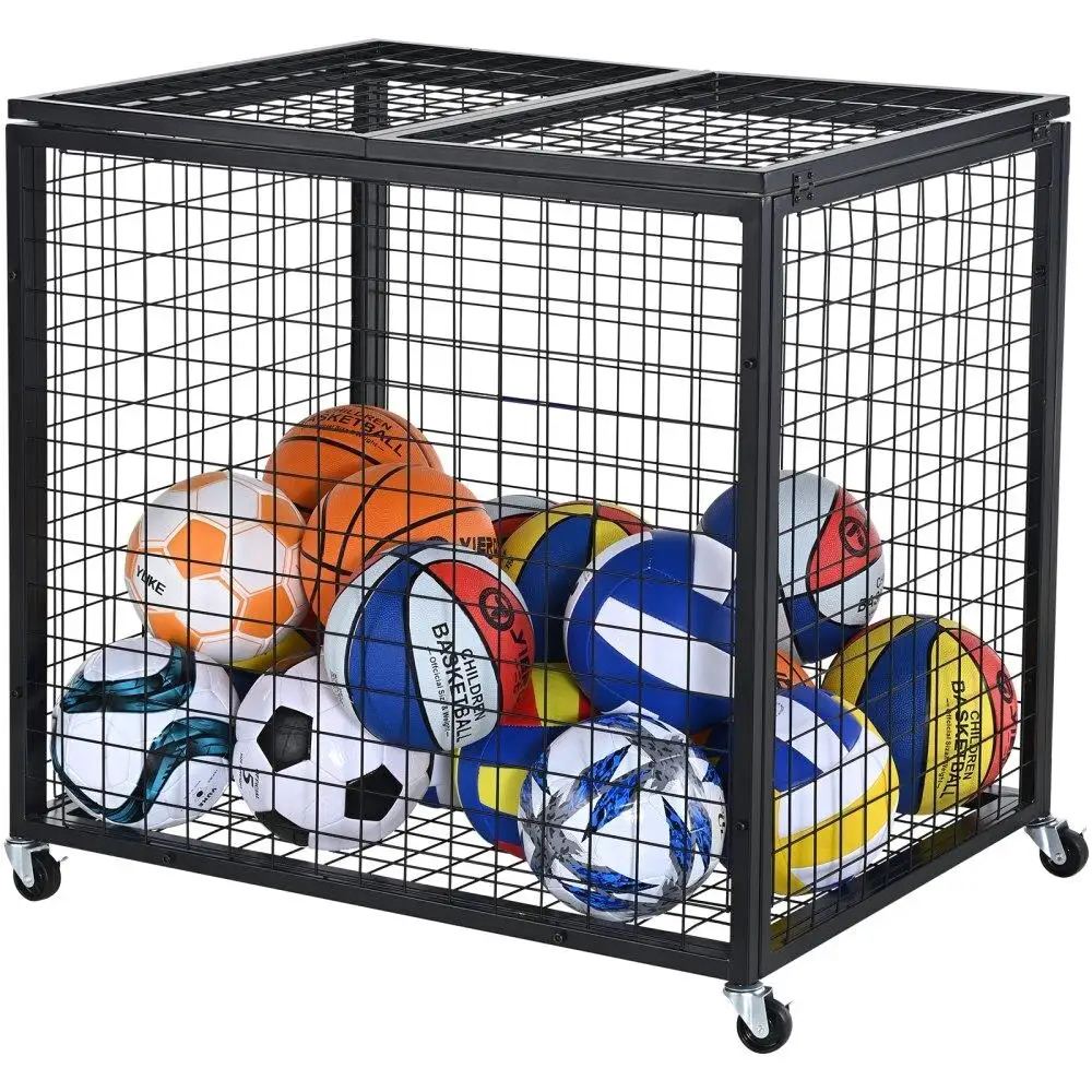 

Rolling Sports Ball Storage Cart Lockable Double Lid Basketball Cage Organizer Steel Rack for indoor Outdoor Use Garage Gym