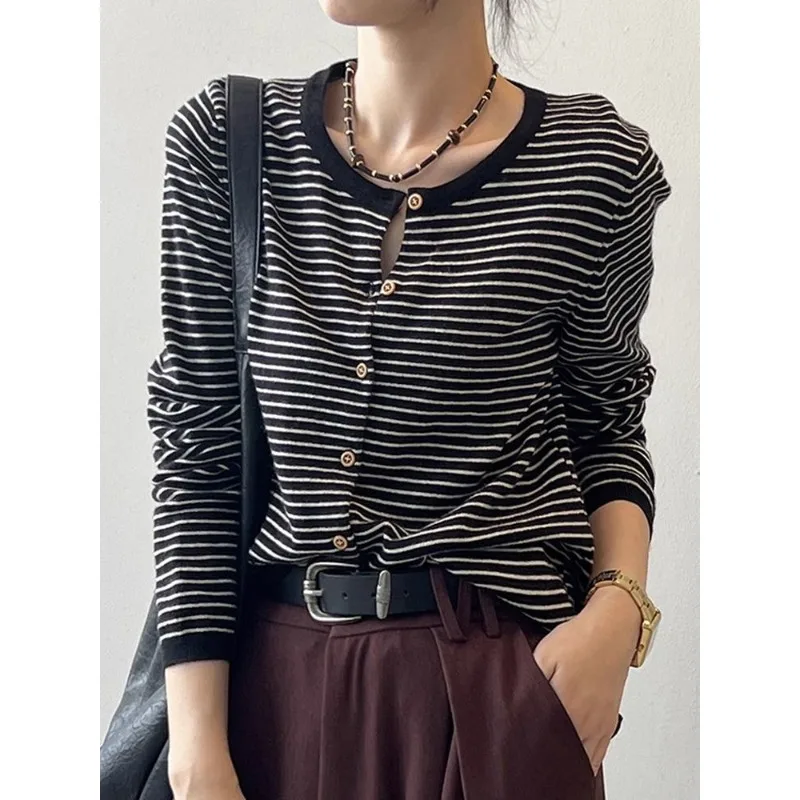 Spring and Autumn New Striped Knitted Cardigan Jacket Women's Design Niche Top Thin Crew Neck Long Sleeve Sweater