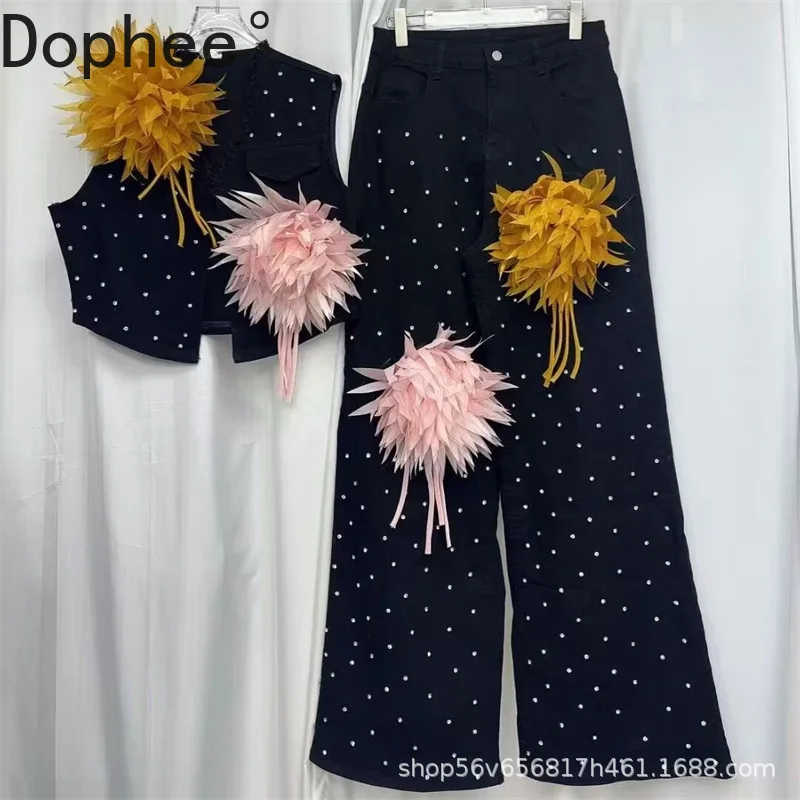 

Fashionable Lady Denim Sets 2025 New Autumn 3d Flowers Sleeveless V-neck Vest Coat + High Waist Loose Wide Leg Straight Jeans