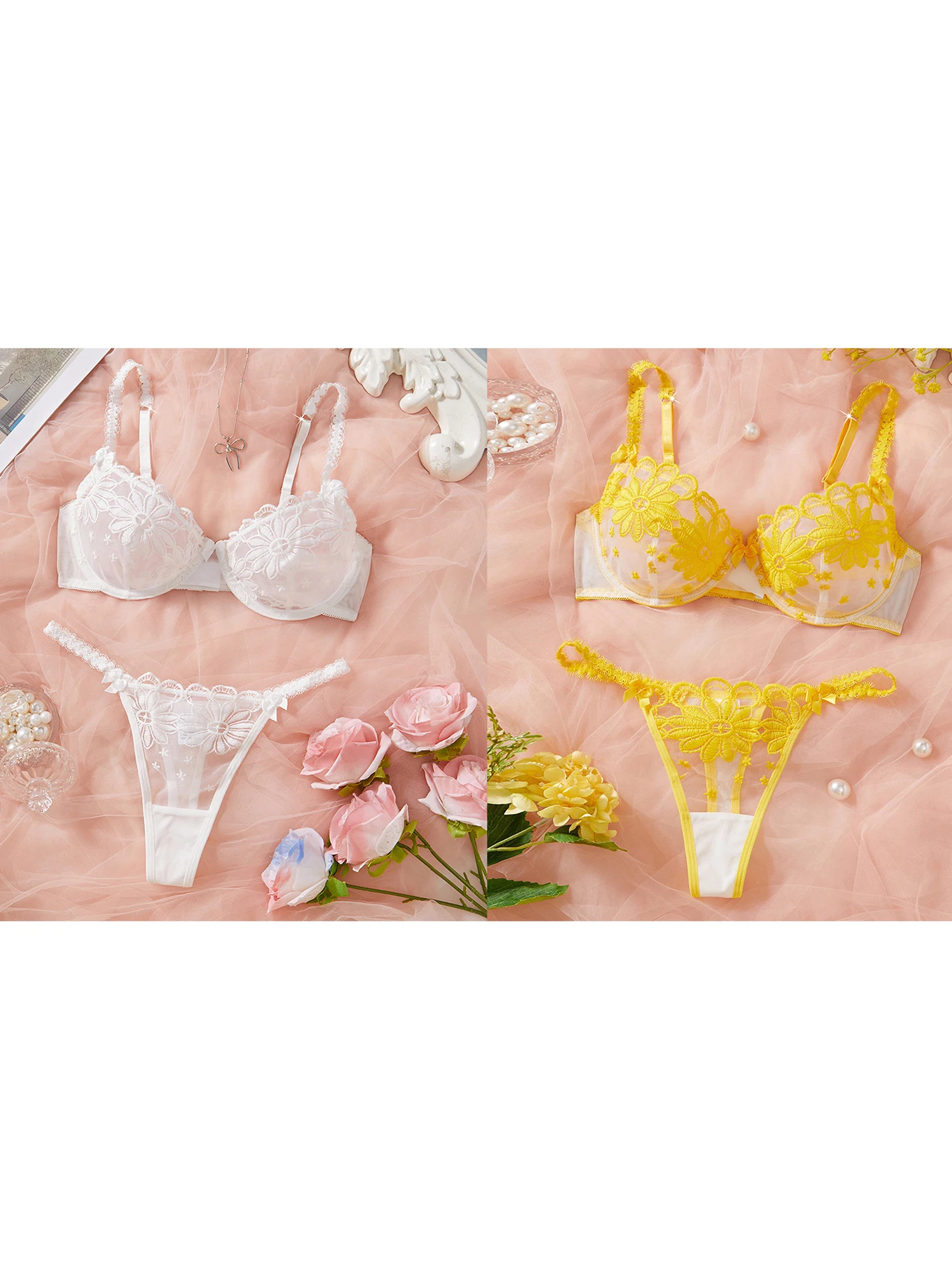 Set di lingerie sexy in pizzo Set di reggiseno e slip ricamati floreali con cintura a vita bassa Intimo intimo da donna in 2 pezzi