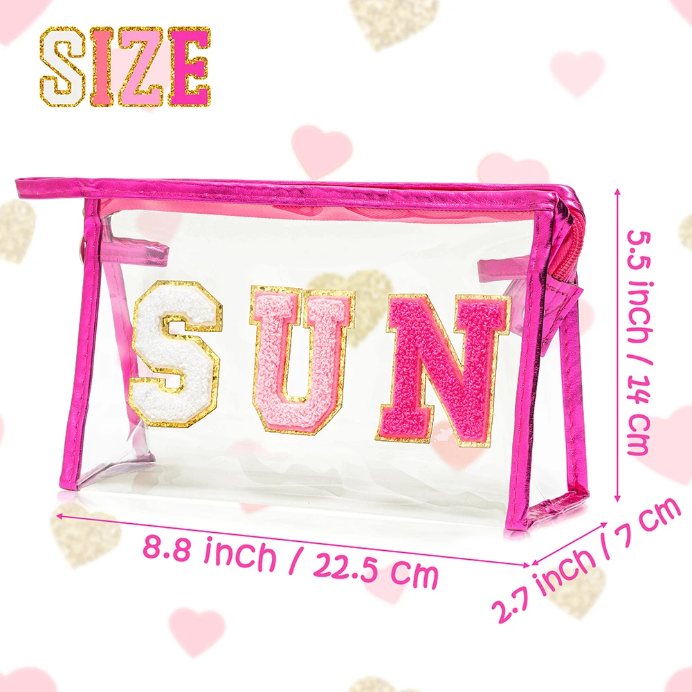 Transparent PVC Storage Bag Portable Travel Cosmetic Toiletry Bag Waterproof Preppy Patch SUN SPF Letter Zipper Pouch for Teens