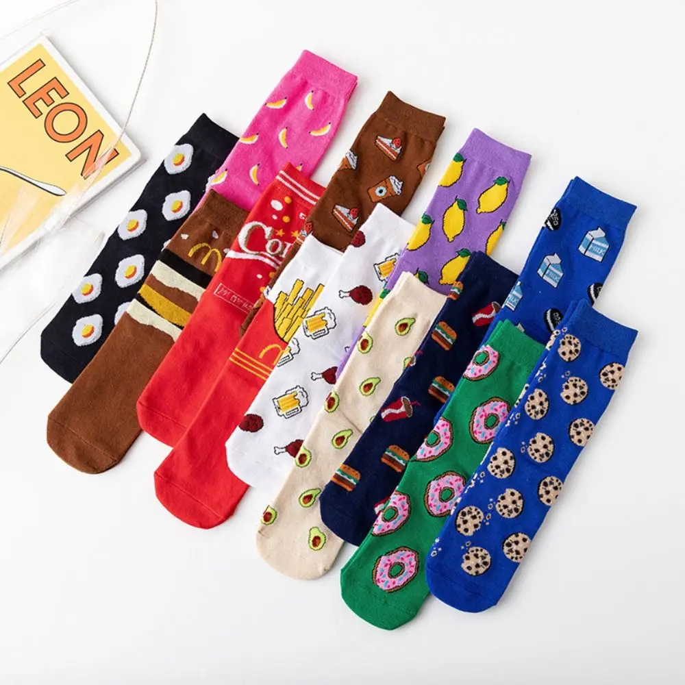 Women Socks Funny Cute Cartoon Fruits Lemon Egg Food Happy Japanese Men Skateboard Socks