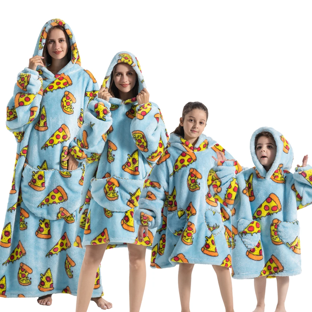 Family Matching Clothes Winter Warm Flannel Oversized Hoodies Teeanger Bathrobe Kids Robe Wearable TV Blankets Chidren's Pajamas