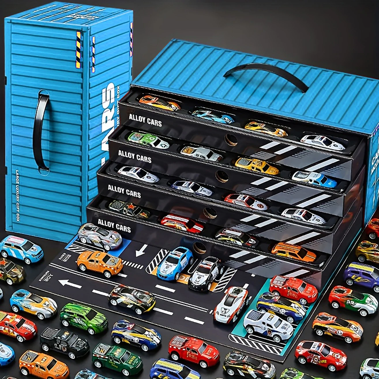 

48 металлических автомобилей, упакованные в синей подарочной коробке для хранения! Коробка может использоваться в качестве карты. Маленькая игрушка-модель автомобиля. Идеально подходит для Рождества, Хэллоуина, наполне