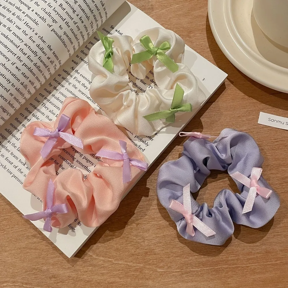 Sweet Pure Color Bow Pleated Hair Scrunchies Elastic Korean Style Satin Hair Rope Hair Ties Washable Hair Loop Girls