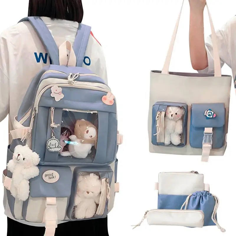 Simpatico zaino Kawaii per la scuola 5 pz/set zaino da scuola in tela Kawaii Bookbag per studenti medi con spille e ciondoli carini per