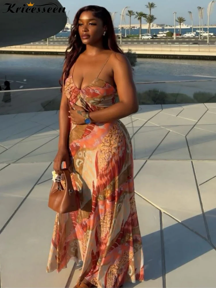 Kricesseen Sexy bedrucktes Maxikleid mit Mesh-Bandage-Details, Sommerkleid mit Spaghettiträgern, lange Kleider, Urlaubs- und Strandmode-Outfits