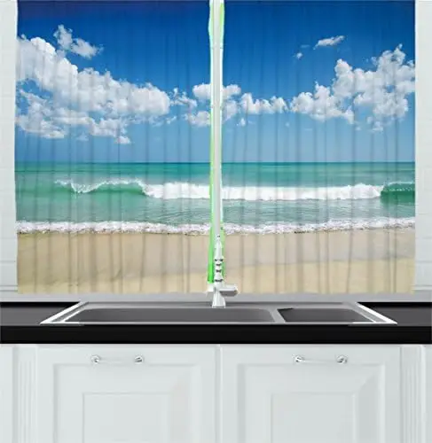 Blue Sky Ocean View Beach Curtains Decorative Tropical Coastal Window Dressing Seaside Sky Photo Curtain Waterproof