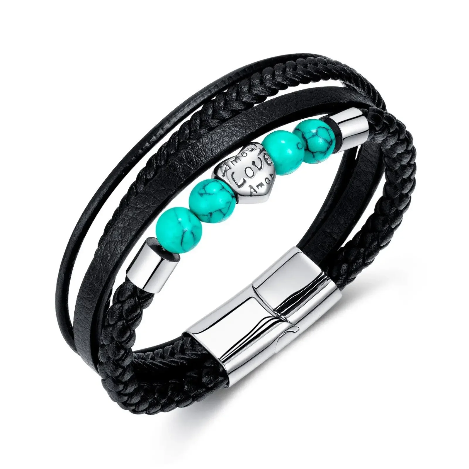 Blue Turquoise Stainless Steel Heart Beads Unique Hand-Woven Leather Men's Bracelet  Friendship Bracelets