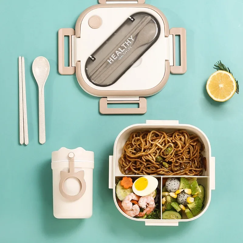 Microwaveable Plastic Lunch Box with Sections and Lid, Portable PP Food Container, Japanese-style Adult Bento Box, Heatable