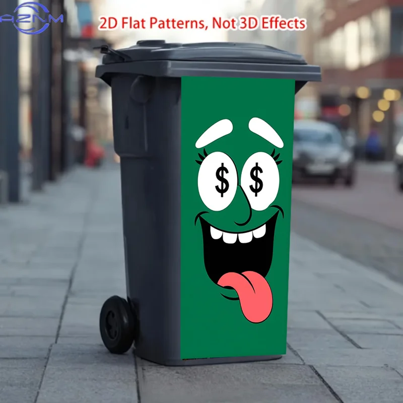 Printing Trash Can Sticker Featuring a Dollar-eyed Tongue-out Design. This Matte-finish Sticker Is Suitable for Decorating Bot