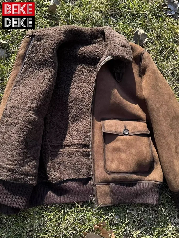 Luxury Genuine Leather Suede Men Jacket Wool Lining Coat Retro Winter Warm Sheepskin Jackets Turndown Collar Real Fur Outerwear