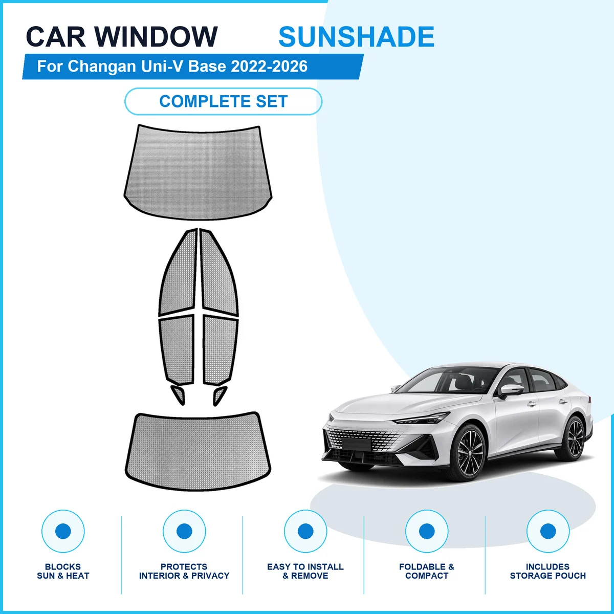 For Changan Uni-V Base 2022-2026 Custom Full Set Window Sunshades Aluminum Foil Suction Cup Anti UV Privacy
