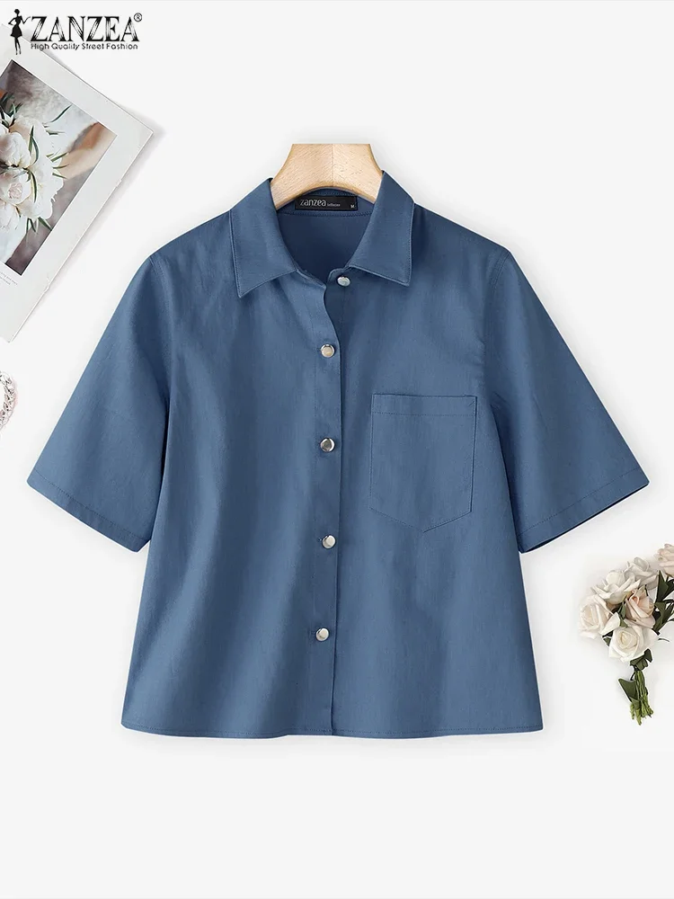 ZANZEA قمصان نسائية على الموضة 2025 بلوزات صيفية بأكمام قصيرة بلوزة أنيقة متينة للسيدات أزرار فضفاضة غير رسمية طية صدر السترة بلوزات كورية
