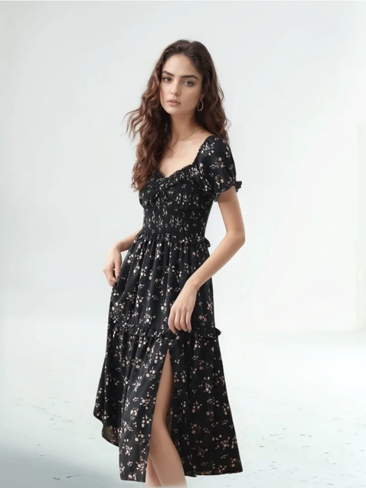 

Women Long Dress 2025 Summer Chiffon Black Floral Slim Boho Beach Streetwear Vacation