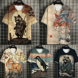 Japanese Ukiyoe Style Samurai Cat Pattern T Shirts For Men Women 3d Animal Print Short Sleeve Top Street Unisex Harajuku T-Shirt