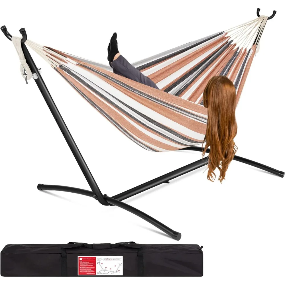 

Products Double Hammock with Steel Stand, Indoor Outdoor Brazilian-Style Cotton Bed w/Carrying Bag, 2-Person Capacit