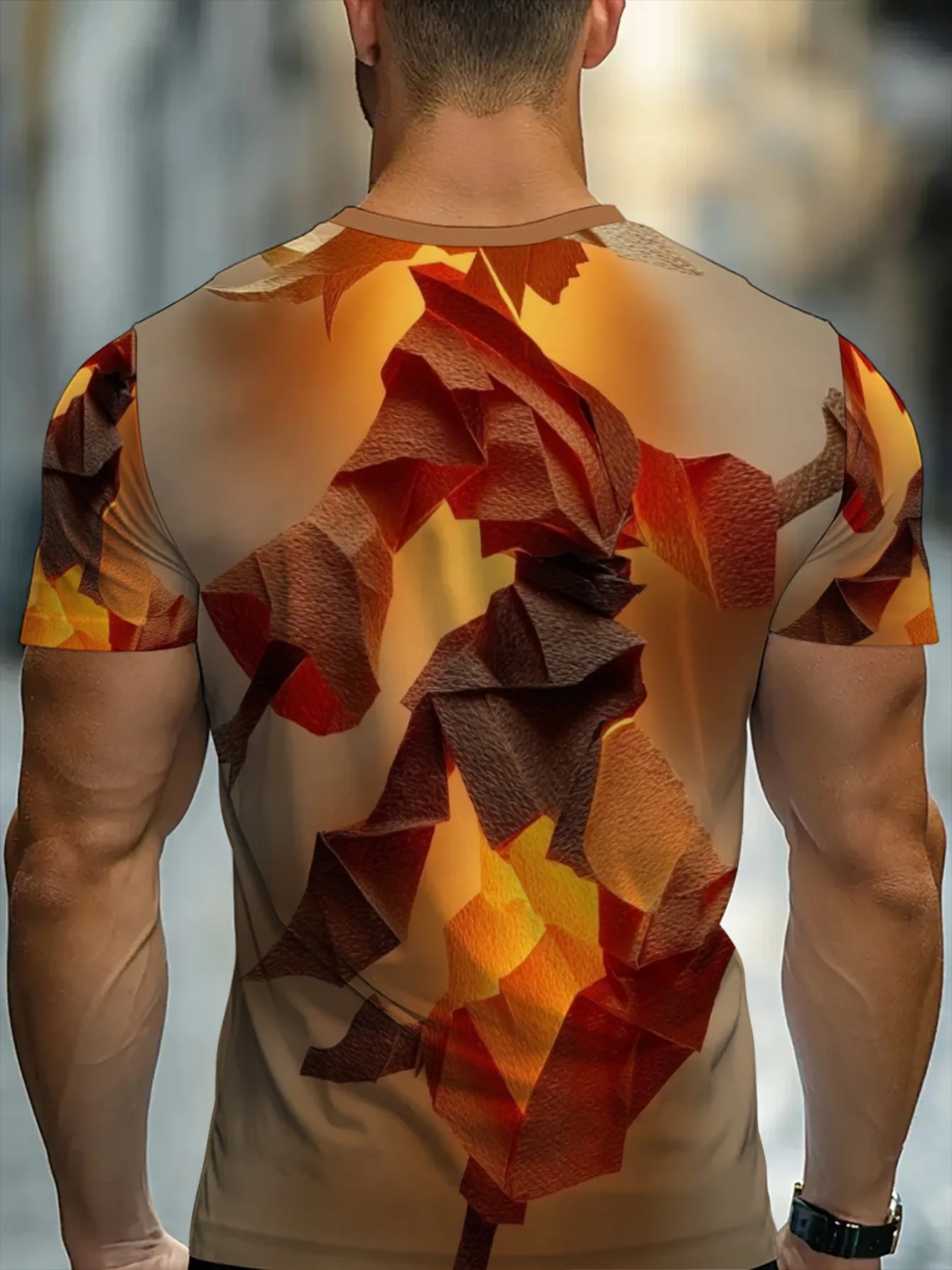 Men 3D Folded Paper Geometric Print Crew Neck T Shirt Orange Brown Gradient Short Sleeve Casual Street Tops