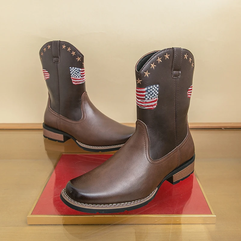 Men's Plaid Square Toe Low Heel Easiest for Match National Flag ZIP Outdoor Cowboy Boots