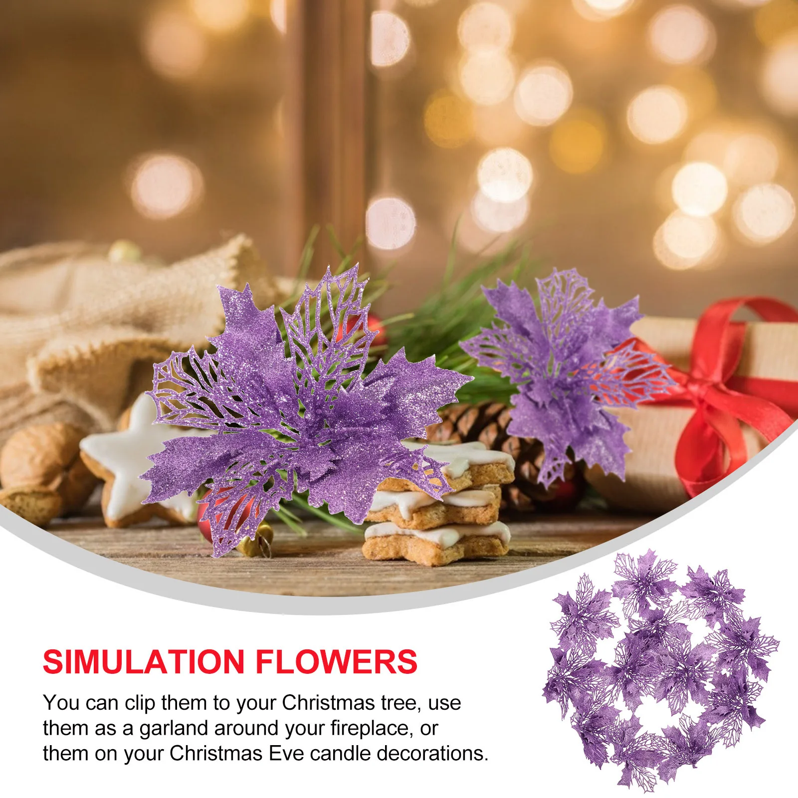 

1Set Christmas Tree Pendant Glitter Poinsettia Flowers Hollow Fake Clips for Holiday Decor Garland Light