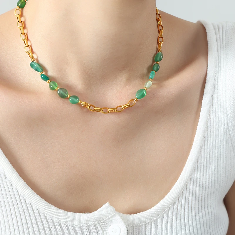 Nivora Stainless Steel Pig Nose Braided Chain Necklace For Women Green Agate Tiger\'s Eye Stone Beaded Charm Choker Women Jewelry