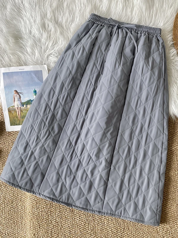 Authentic Women's Midi A-Line Skirt Loose Fit Diamond Patterned Commute Warm Cotton High Waist City Scenery Elastic Waist