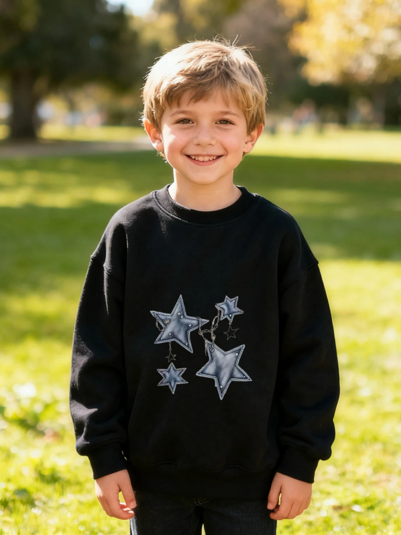 سويت شيرت قطني للأطفال مصنوع من قماش الدنيم ورسومات على شكل نجمة للأولاد والبنات على طراز الشارع الحضري  #4