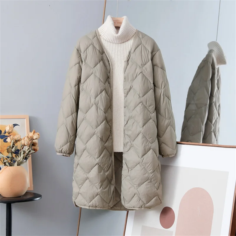 Rhombic Lattice Long Oversize Down Jacket Winter Women Warm Light Thin White Duck Down Coat Ladies V Neck Puffer Parkas Outwears