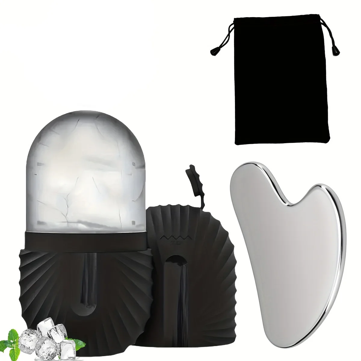 ชุดเครื่องมือนวดหน้า 3 ชิ้น ได้แก่ ลูกกลิ้งน้ำแข็ง แผ่นขูดสแตนเลส และกระเป๋าเก็บของ อุปกรณ์ดูแลผิวหน้า