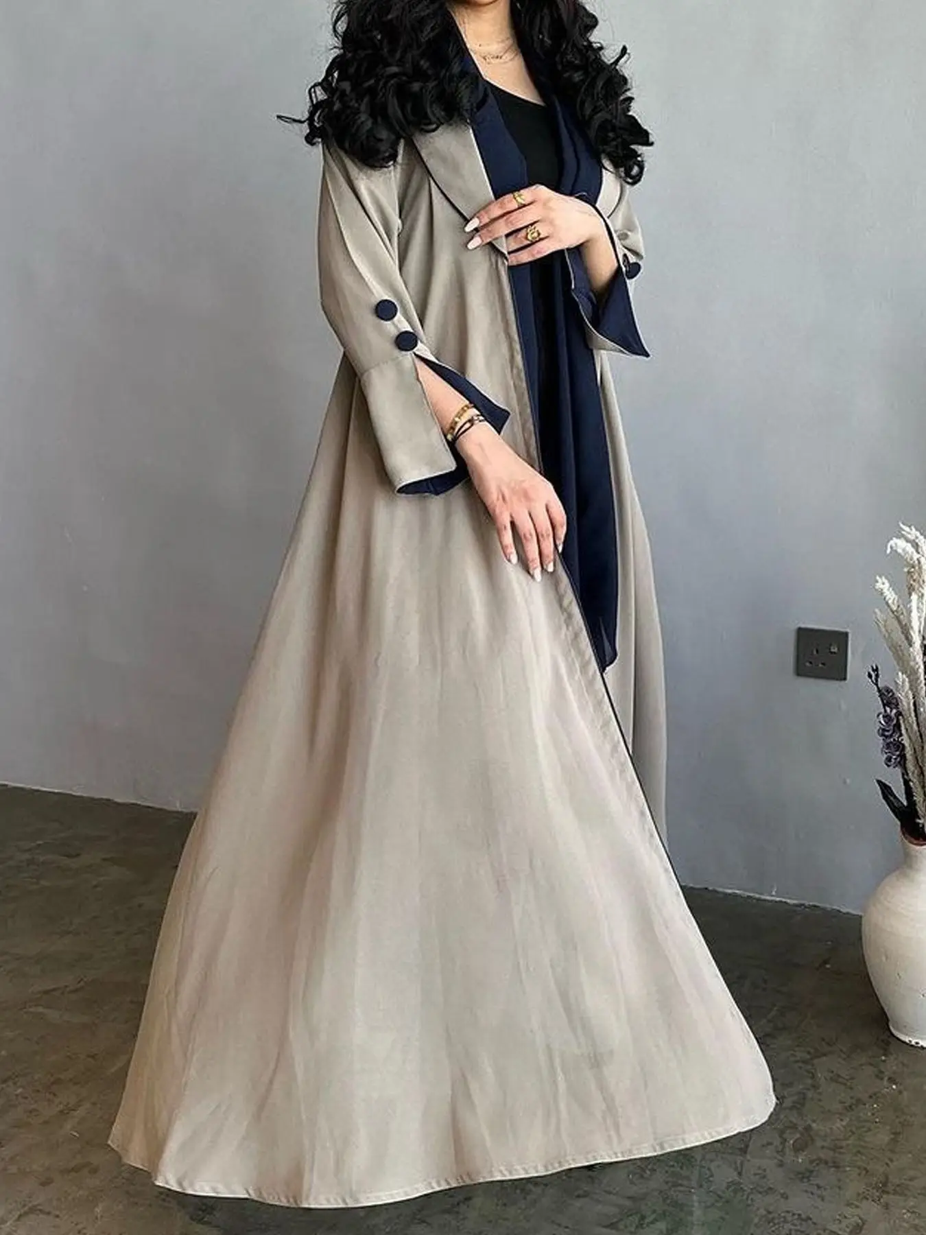 2024 New Muslim Ramadan Eid Black Beige Open Kimono Abaya Contrast Color Shalwar Kameez Casual Loose Moroccan Gulf Women Robe