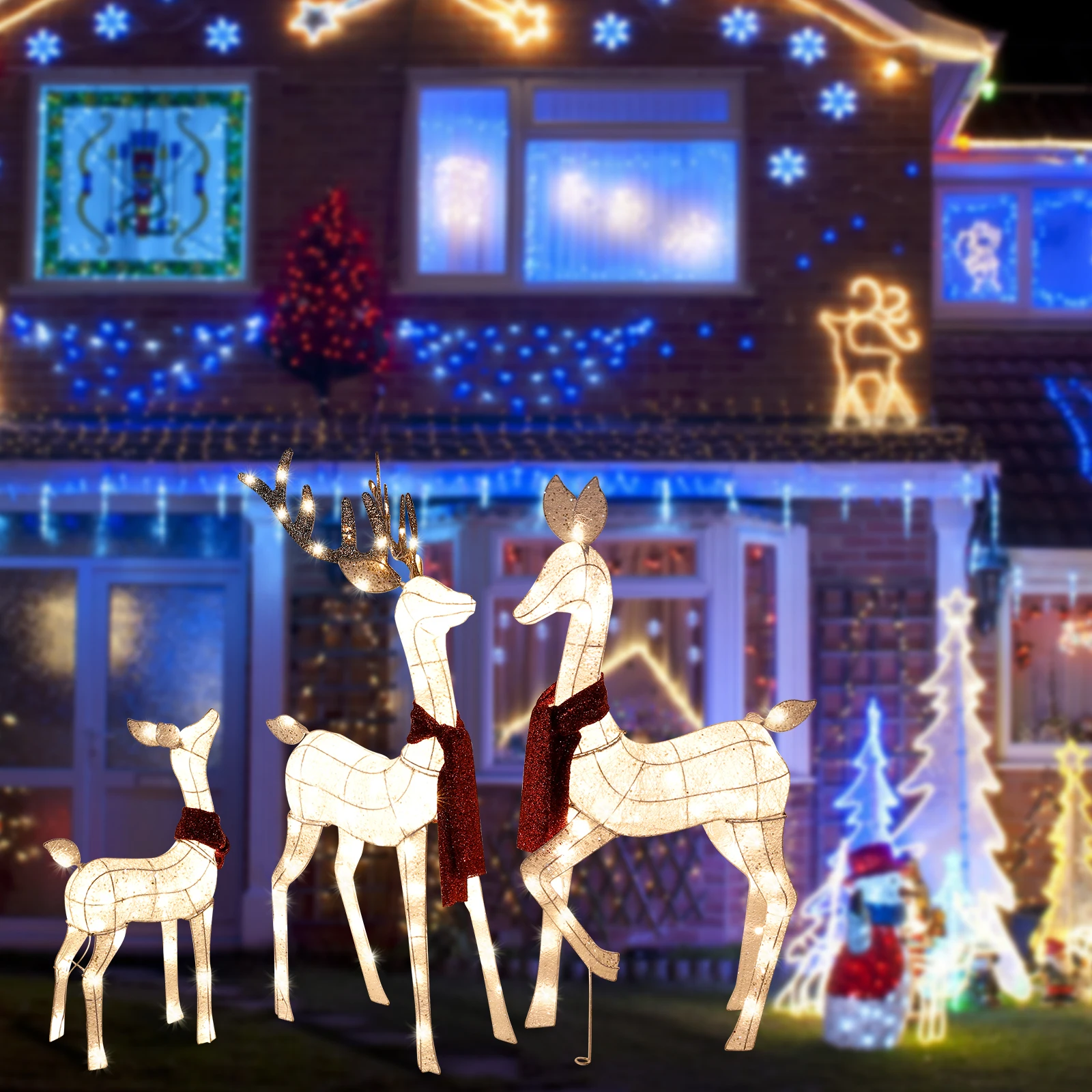 New Year 3PCS Large Lighted Christmas Deer Family Set Outdoor Yard Decoration with 210 LED Lights