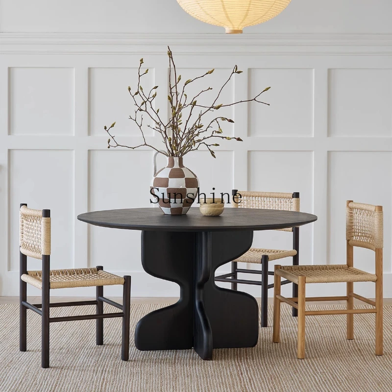 

French retro black solid wood round small apartment simple dining table