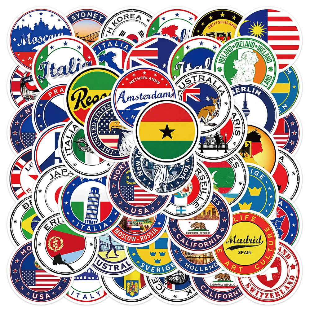50Pcs World Country Flag Stickers for Luggage Laptop Helmet Phone Skateboard Reward Journal DIY Decor Decals
