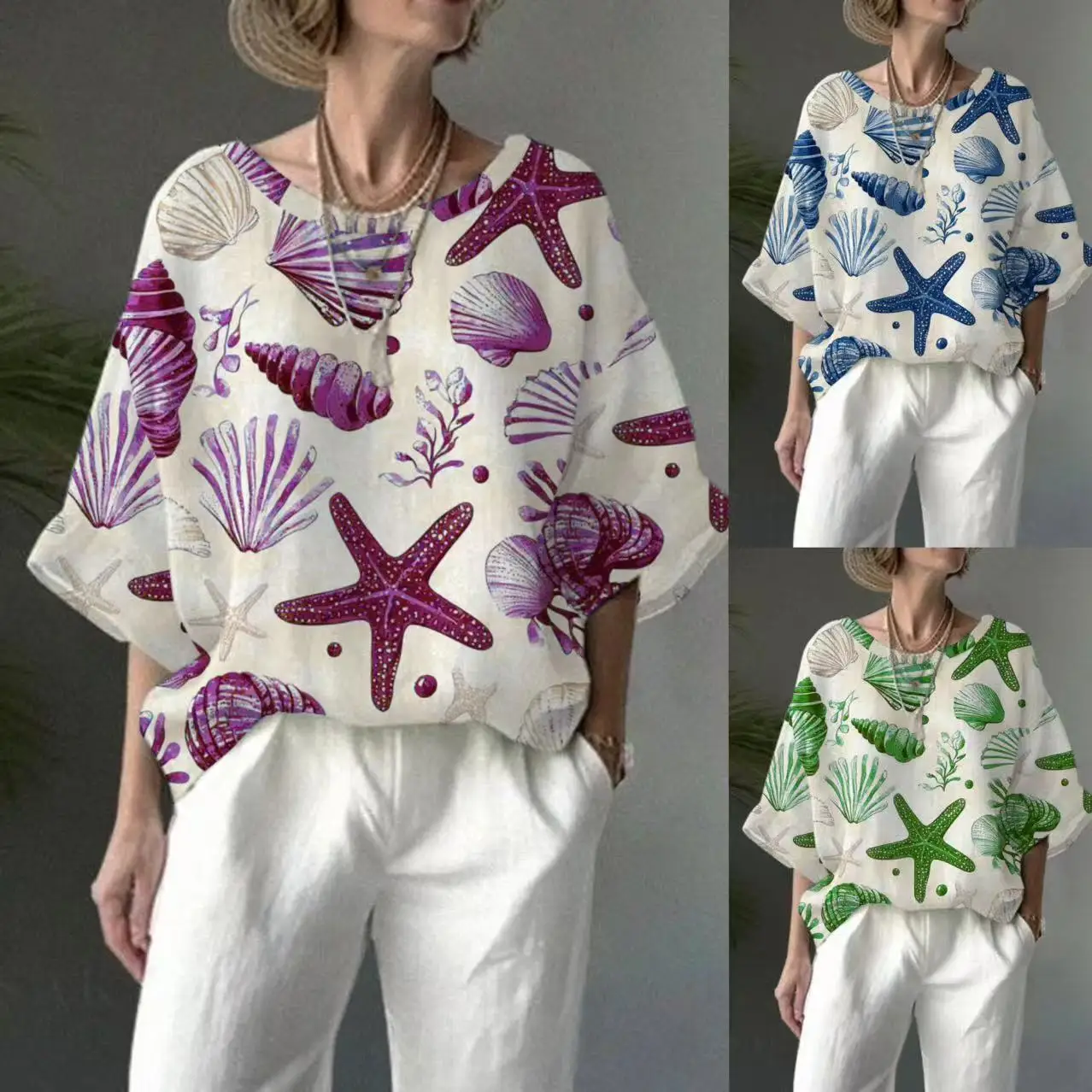2025 Casual Loose Fashion Printed Five Quarter Sleeve Round Neck Top For Summer Women's Fashion Ocean Print Half Sleeve T-shirt