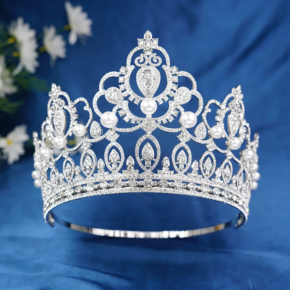 Vintage Full White Crystal Rhinestone Crown Elegant Pageant Queen Tiara Bridal Wedding Evening Gala Beauty Competition Headpiece